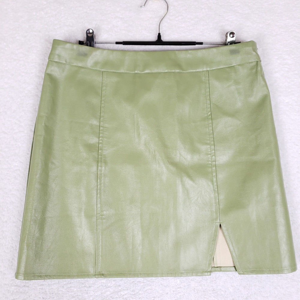 GLAM BY GG Faux Leather Mini Skirt Womens L Olive Green Split Hem High Rise Y2K
